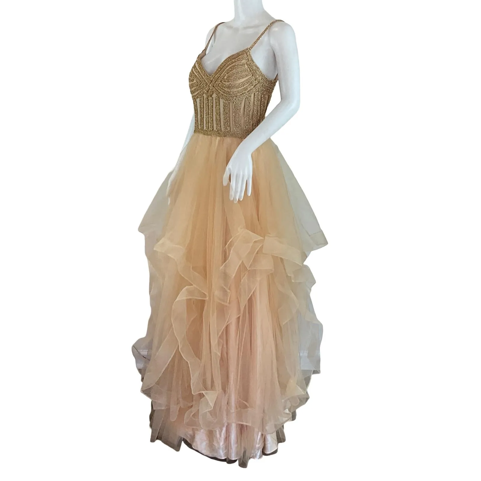 Witness Of Love Women's Gown Maxi Dress With Shiny Gold Stones & Skirt Ruffled Peach Color Sz Small