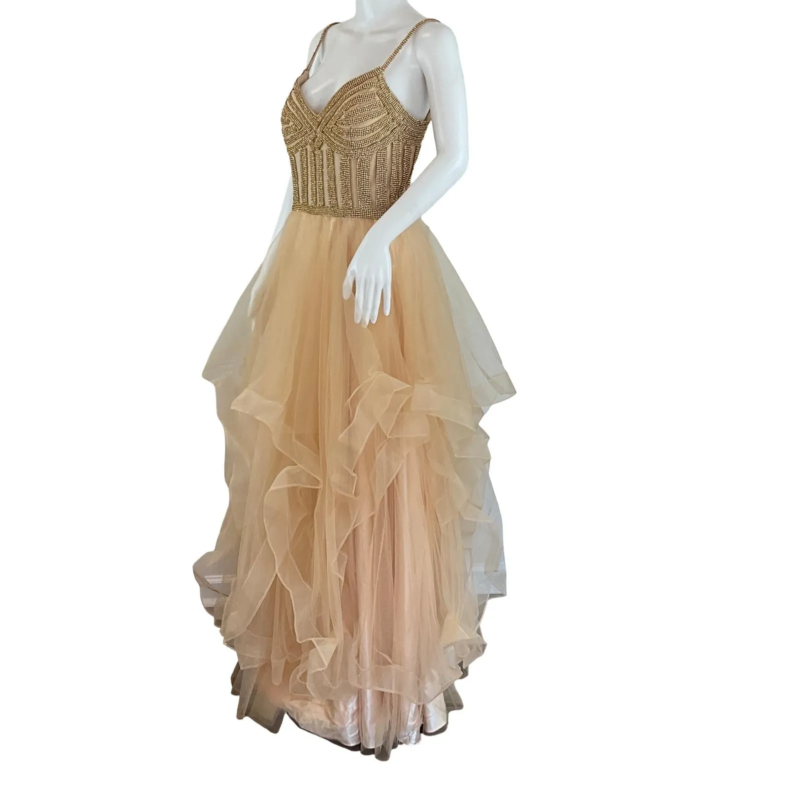 Witness Of Love Women's Gown Maxi Dress With Shiny Gold Stones & Skirt Ruffled Peach Color Sz Small