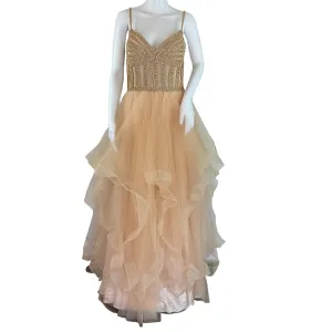 Witness Of Love Women's Gown Maxi Dress With Shiny Gold Stones & Skirt Ruffled Peach Color Sz Small