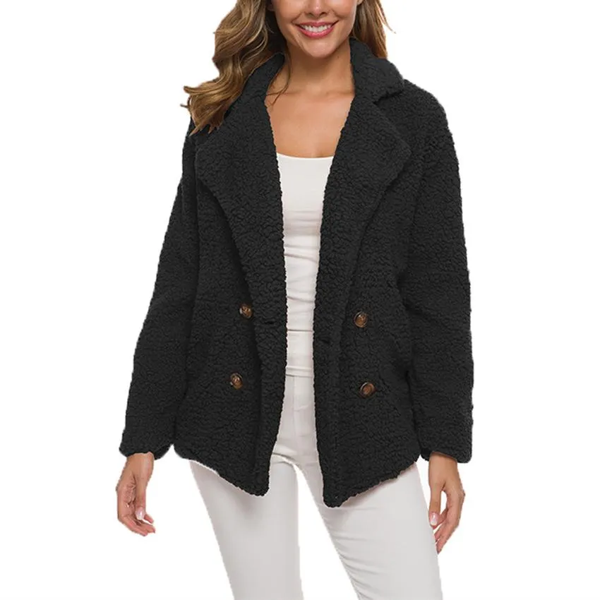 Women shawl collar faux fur cardigan double breasted coat