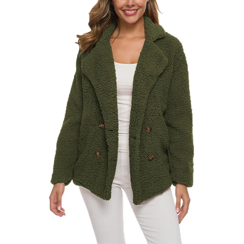 Women shawl collar faux fur cardigan double breasted coat