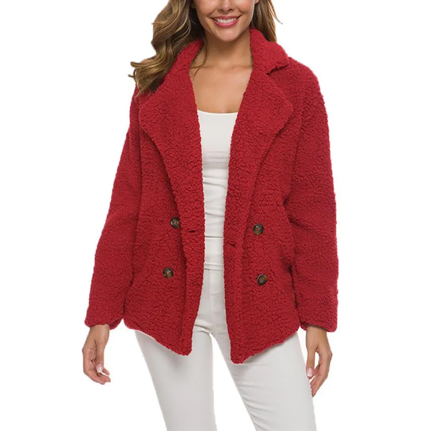 Women shawl collar faux fur cardigan double breasted coat