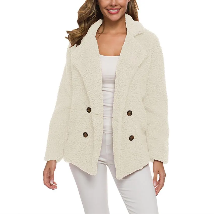 Women shawl collar faux fur cardigan double breasted coat