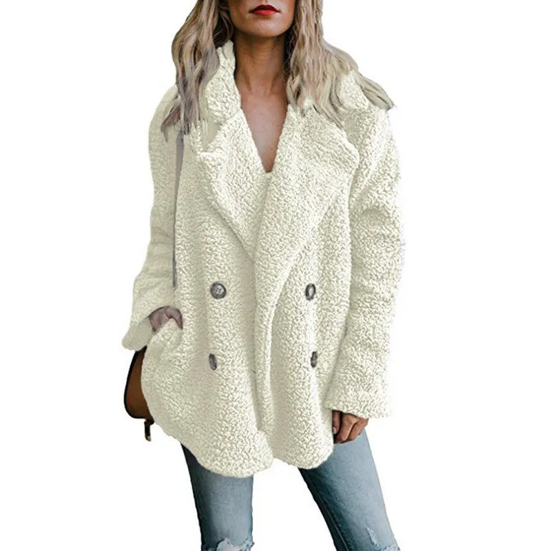 Women shawl collar faux fur cardigan double breasted coat