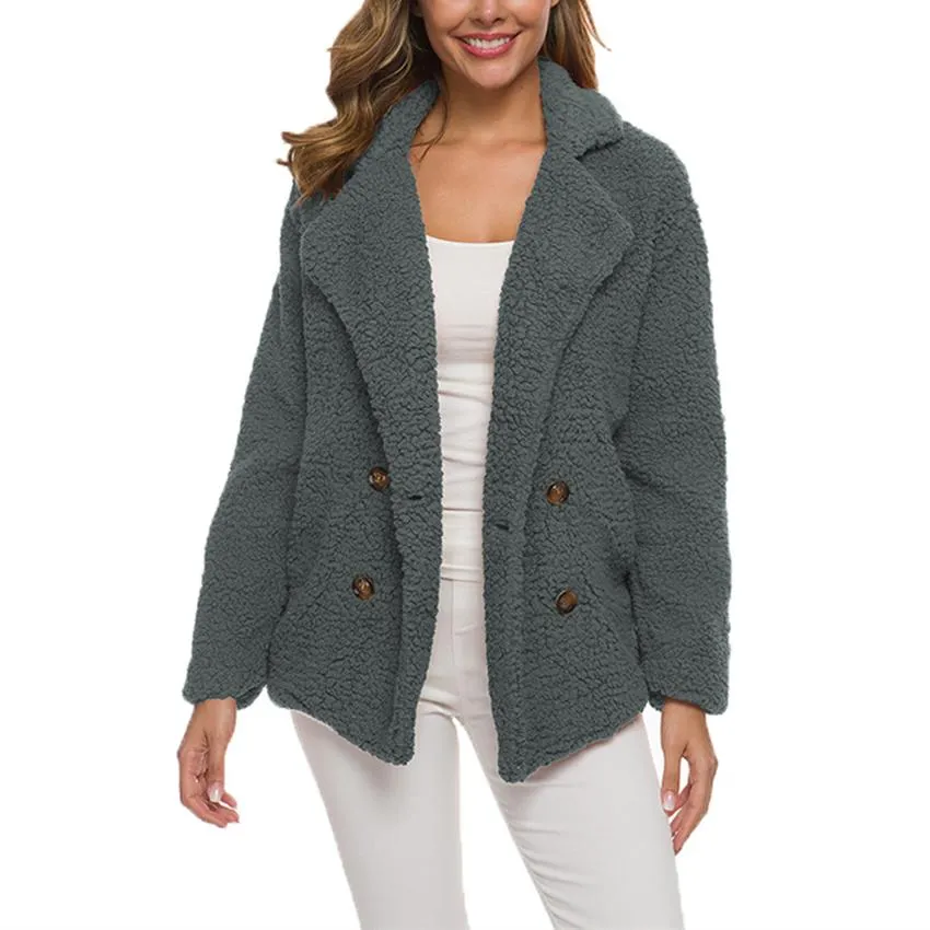 Women shawl collar faux fur cardigan double breasted coat