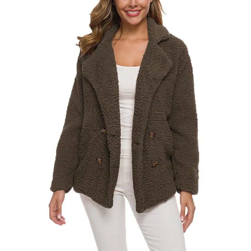 Women shawl collar faux fur cardigan double breasted coat