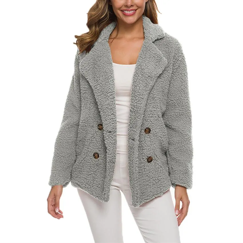 Women shawl collar faux fur cardigan double breasted coat