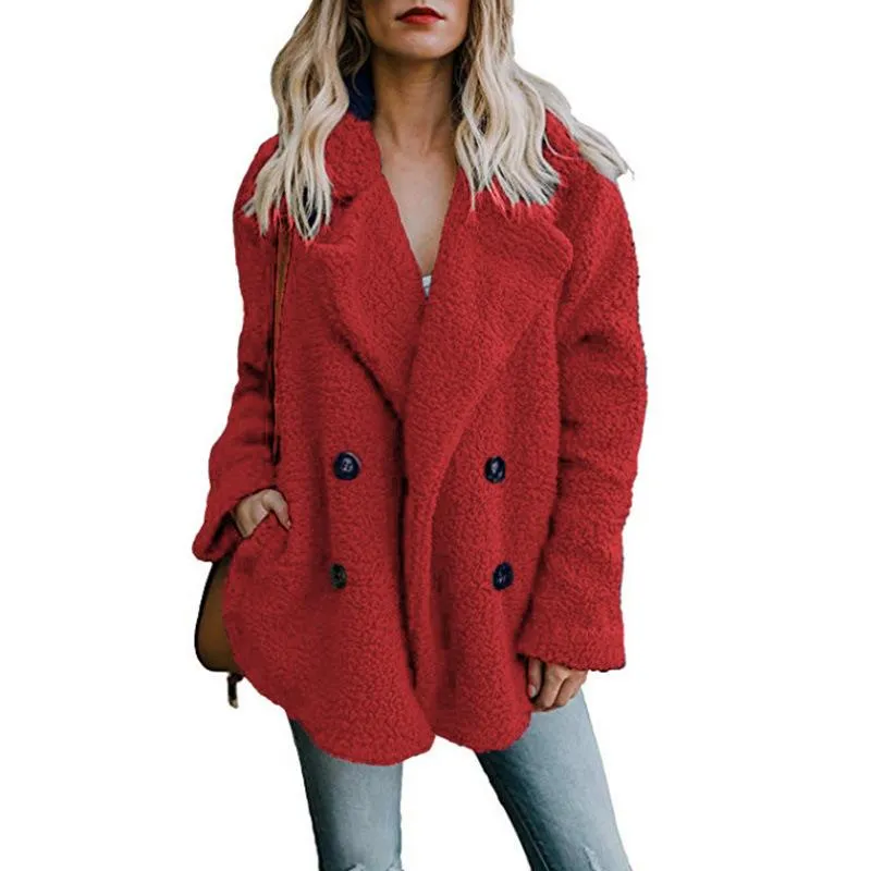 Women shawl collar faux fur cardigan double breasted coat