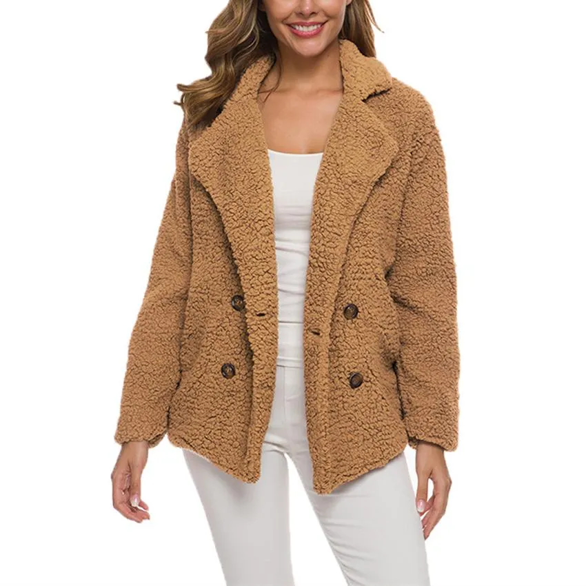 Women shawl collar faux fur cardigan double breasted coat