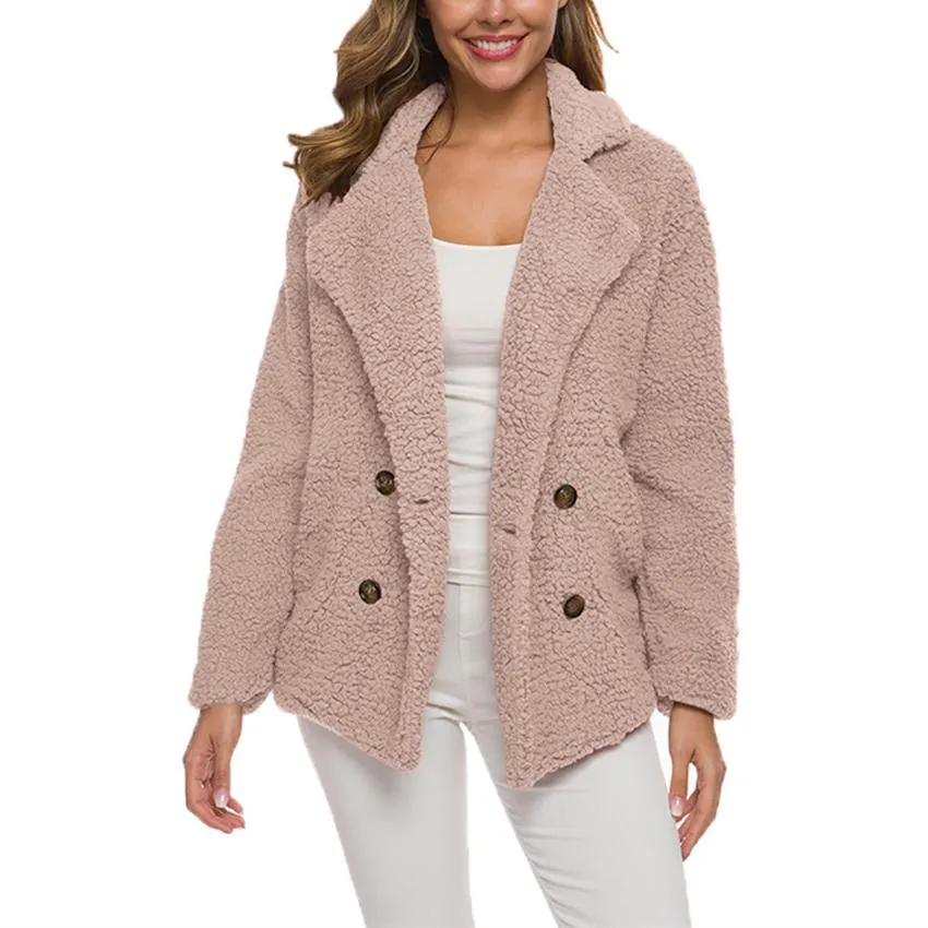 Women shawl collar faux fur cardigan double breasted coat