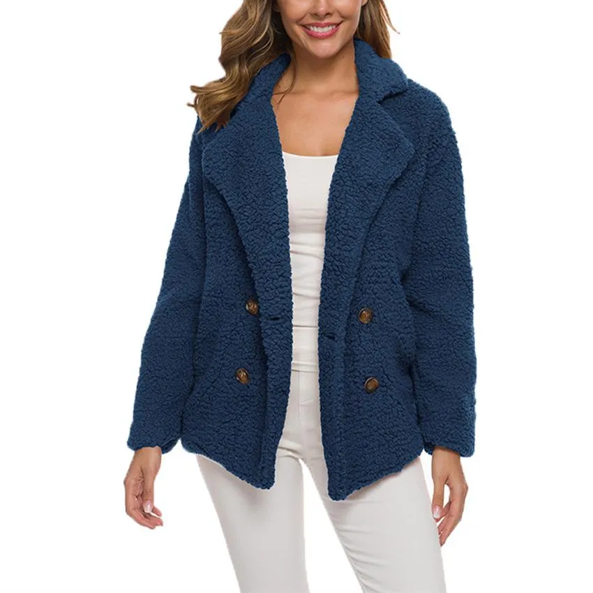 Women shawl collar faux fur cardigan double breasted coat