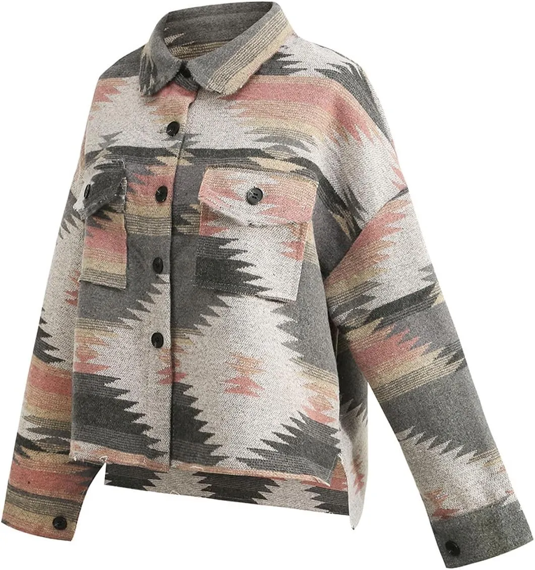 Women's Vintage Aztec Print Pattern Loose Shacket Button Down Long Sleeve Woolen Jacket Shirts Coat