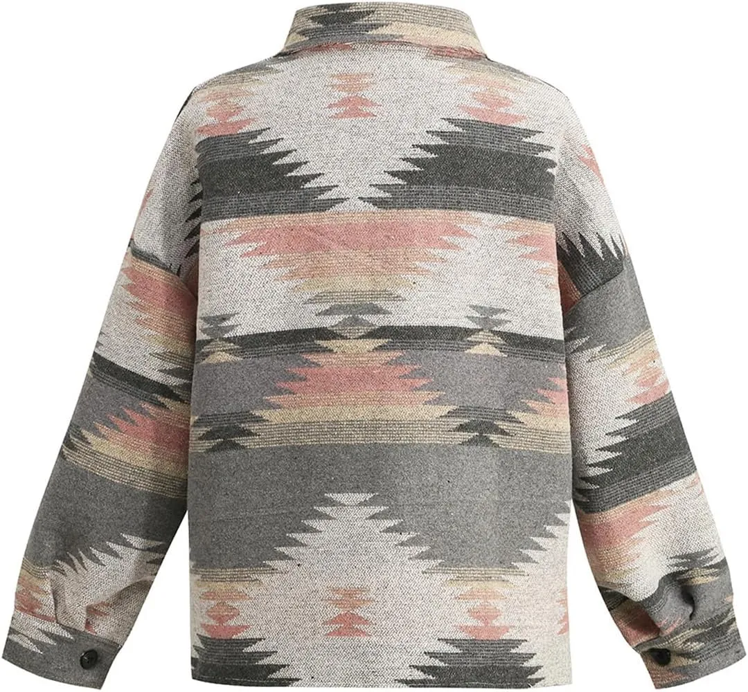 Women's Vintage Aztec Print Pattern Loose Shacket Button Down Long Sleeve Woolen Jacket Shirts Coat