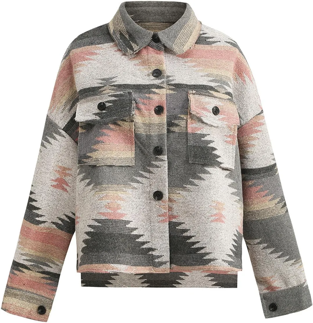 Women's Vintage Aztec Print Pattern Loose Shacket Button Down Long Sleeve Woolen Jacket Shirts Coat