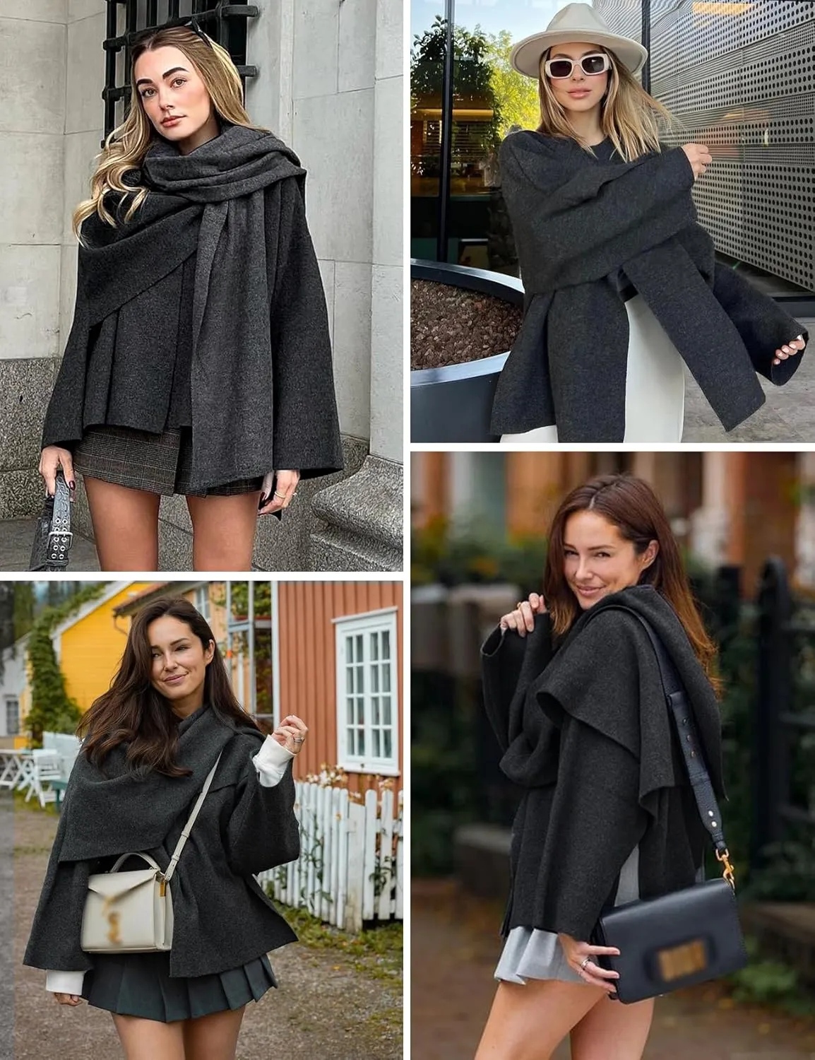 Wyeysyt Women's Crop Knit Scarf Coat High Low Long Sleeves Knit Cardigan with Undetachable Scarf